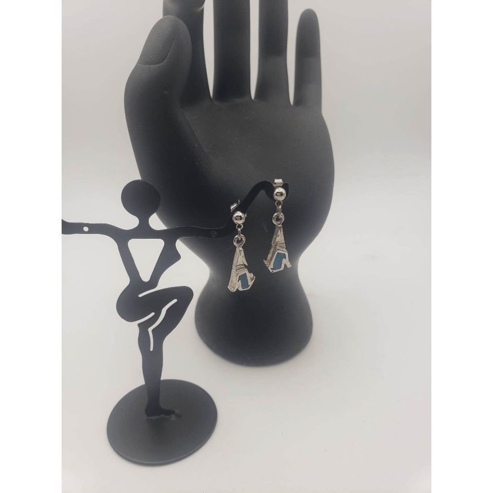 Native American Costume Silver Metal Post Earring - Howling Wolf Design w/-Turqu
